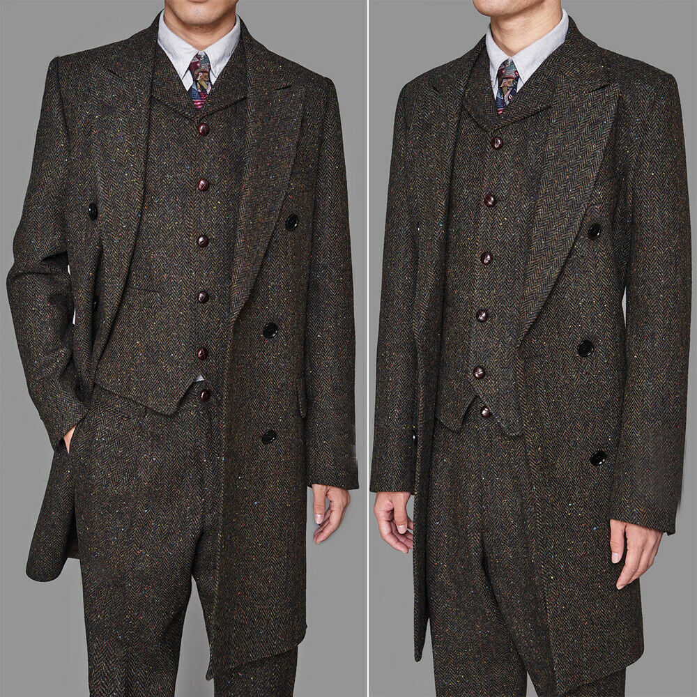 Men's Coffee Winter Vintage Long Vested Suits Warm Groom Wear Coat 3 Pieces For Wedding Double Breasted Peak Lapel Blazer(Jacket+Vest+Pants)