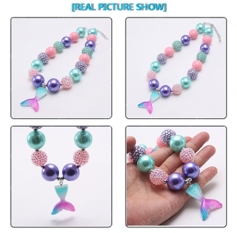 fashion colors girls chunky bubblegum beads necklace with mermaid tail pendant handmade necklace for baby kids best gift