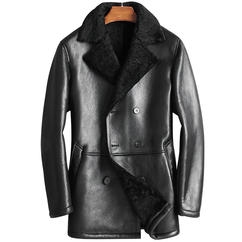 Genuine Leather Jacket Men's Winter Jacket Natural Wool Fur Liner Coat Male Real Sheepskin Warm Jackets Chaqueta BC812 MY1663, Black