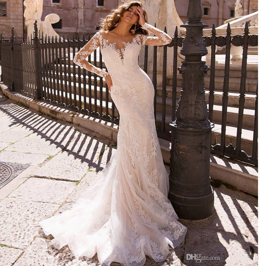 Lace Mermaid Wedding Dress With Detachable Train V Neck Sheer Back Long Sleeves Beach Bridal Gowns Custom Made Vestidos De Novia
