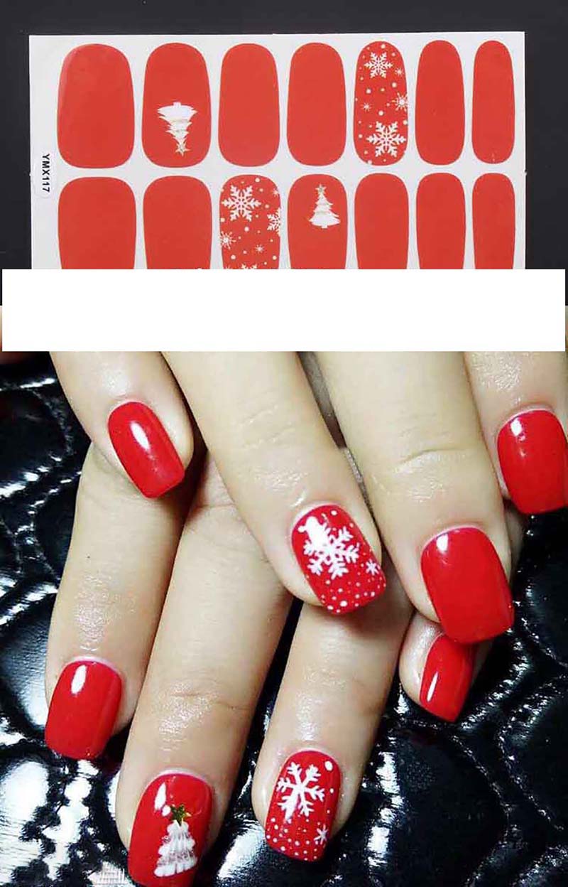 14pcs Cute Christmas Snowflake Santa Claus 3D DIY Fashion Style Plastic Art Short Fake False Sticker Red Nail Tips Glue Gel