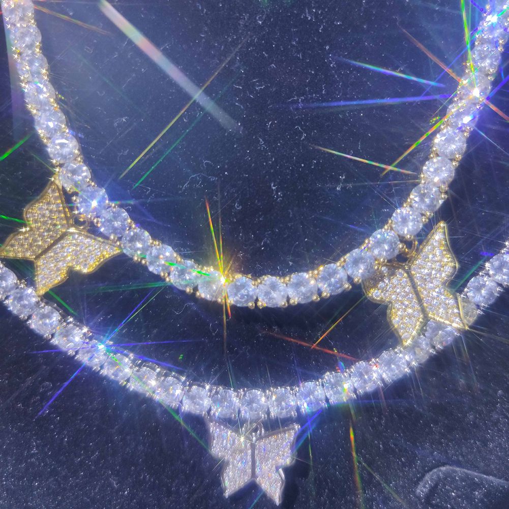 Hip Hop Tennis Chains Diamond Stone Charm Butterfly Pendants Necklace Jewelry Men Women Lover Gift