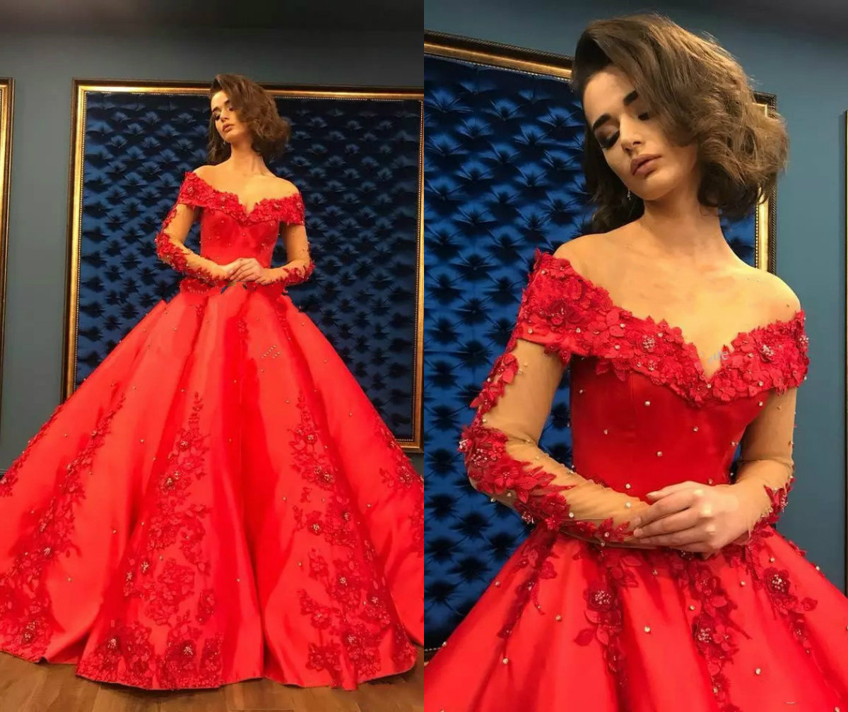 Red Prom Dresses Lace Floral Appliques Beaded Off The Shoulder A Line Ball Gown Long Sleeve Evening Dress Formal Party Gowns Plus Size