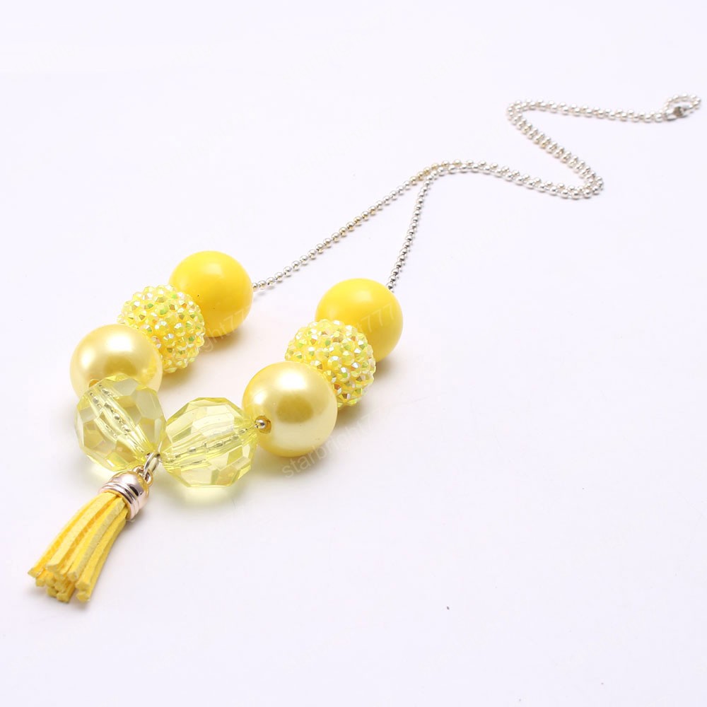 Cute Tassel Pendant Design Girls Kids Chunky Beads Necklace Yellow Bubblegum Handmade Chain Necklace Children Jewelry