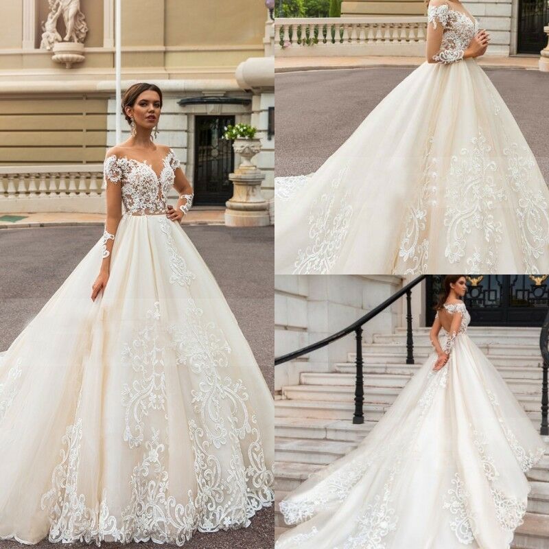 naviblue wedding dresses long sleeve lace appliques hollow sweep train chapel bridal gowns plus size beach vestido de novia