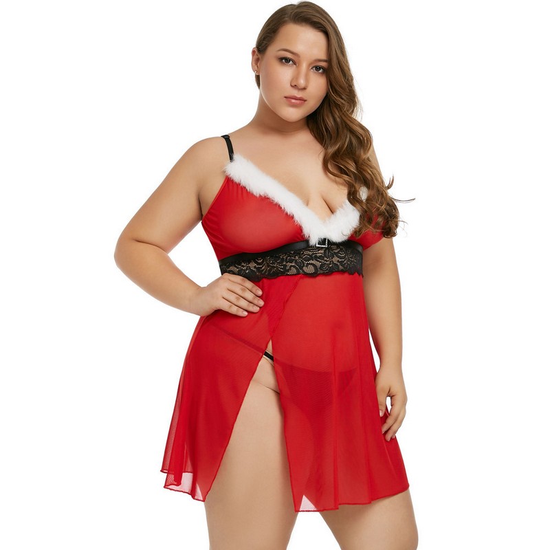Christmas Red Women Plus Size 1X-5X Lace and Mesh Sheer Slit Babydoll & G-string Lingerie Set Sexy Sleepwear Chemise Dress with White Fur