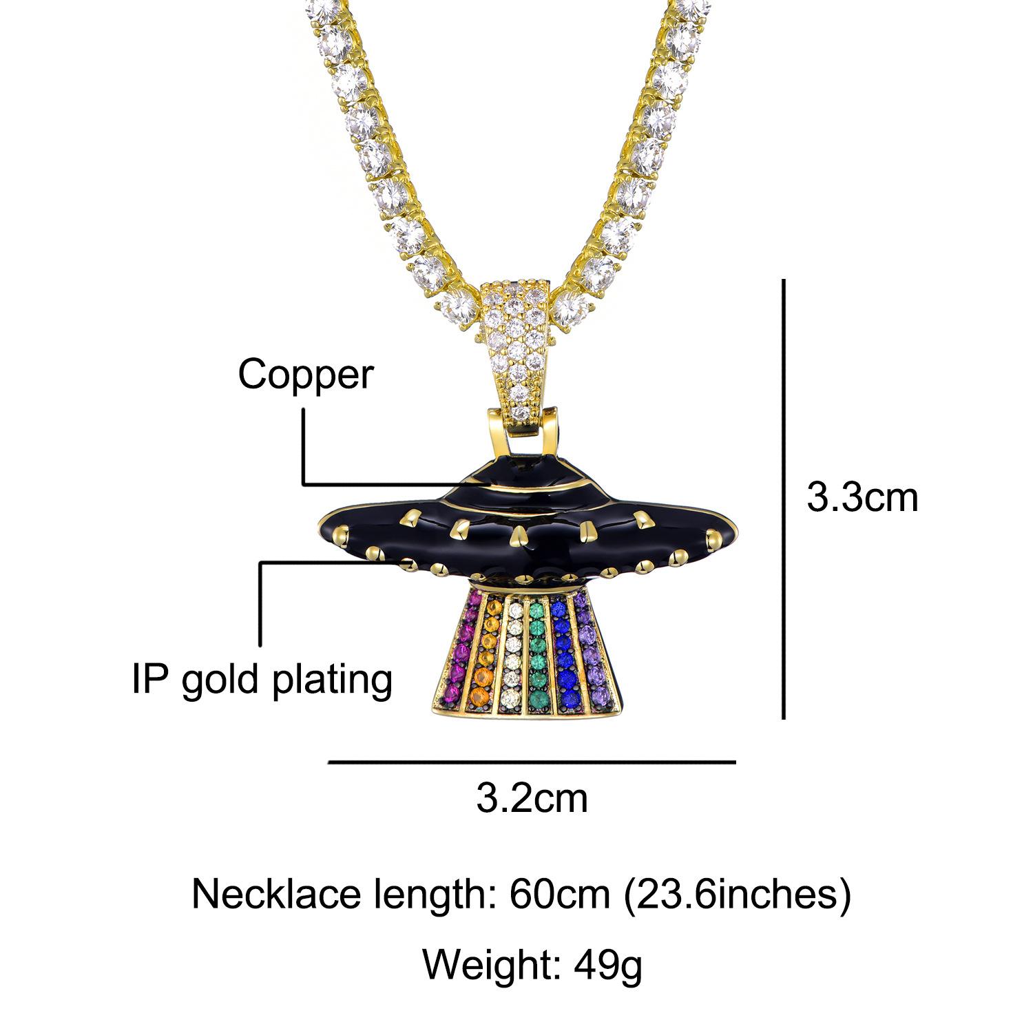 New Fashion Gold Plated Colorful CZ Cubic Zirconia Mens Womens UFO Pendant Cartoon Chain Necklace Personalized Hip Hop Jewelry Gifts for Men