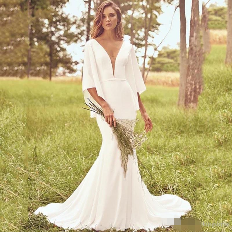 Long Poet Sleeves Dresses Mermaid Plunging V Neck Sweep Train Chiffon Covered Buttons Back Wedding Gown Vestido De Novia