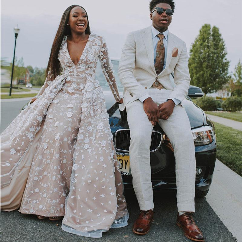 2019 Overskirt Prom Dresses With Detachable Train V Neck 3D Appliqued Evening Dress Long Sleeves Vestidos De Fiesta Plus Size Party Gowns