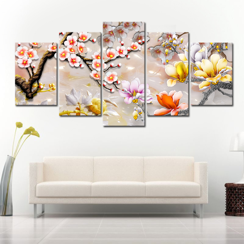 HD 5PCS/Set Plum Blossom Flower Art Print Frameless Canvas Painting Wall Picture Home Decoration (No Frames)