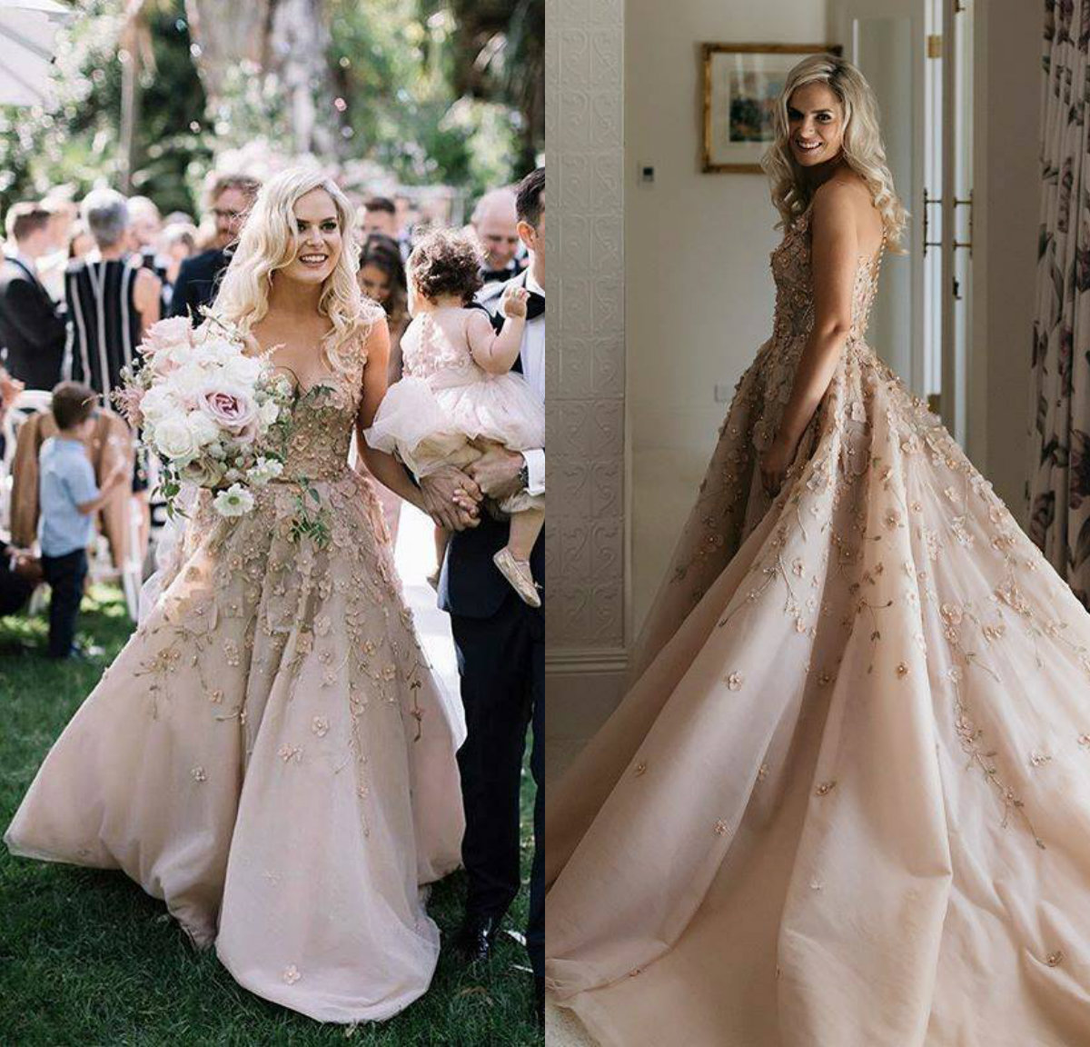 Gorgeous A Line Bohemian Dresses V Neck Lace 3D Floral Appliques Beaded Sweep Train Country Wedding Dress Pearls Beach Bridal Gowns