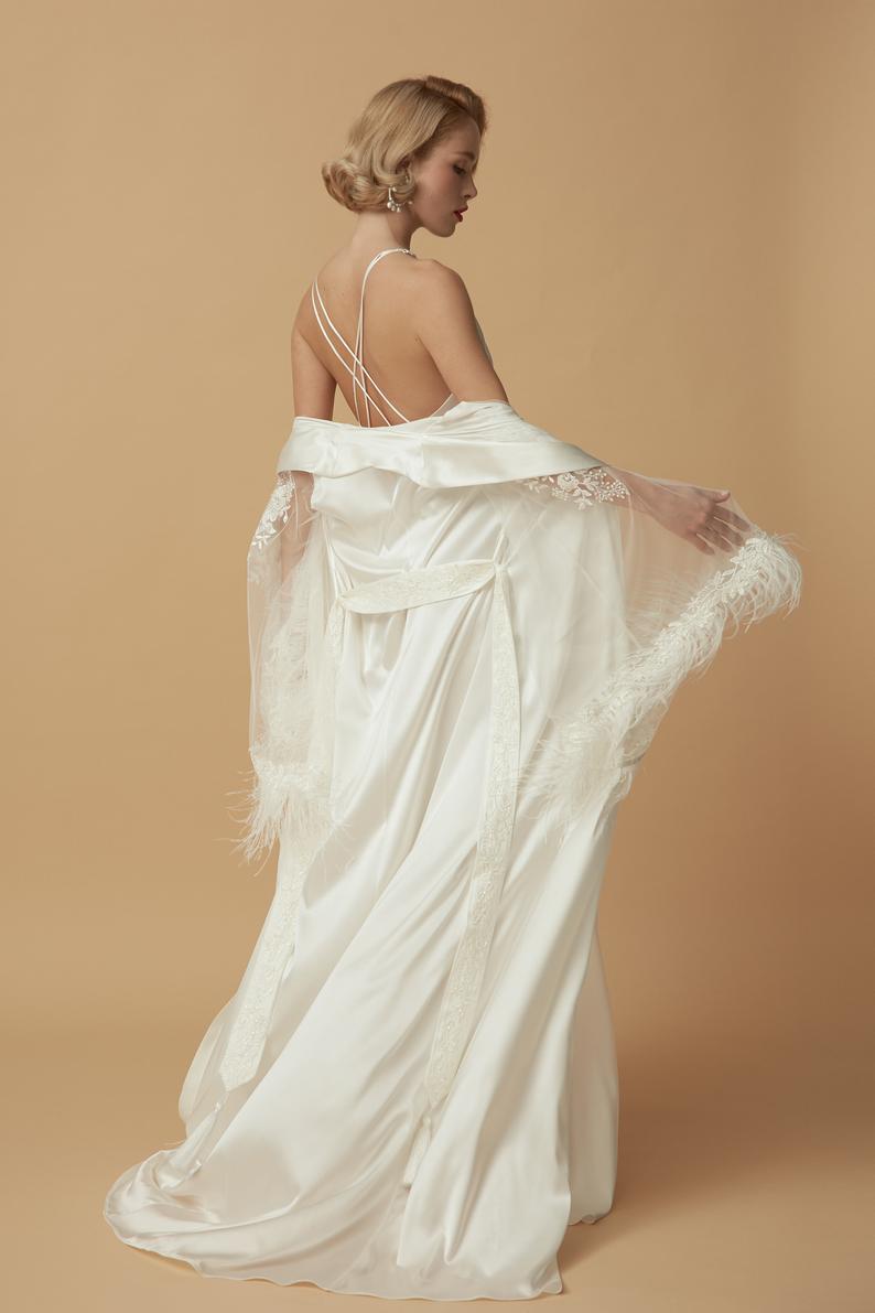 sexy wedding robes with wrap spaghetti appliqued feather highsplit two piece night gown for women sweep train custom made pajamas sleepwear