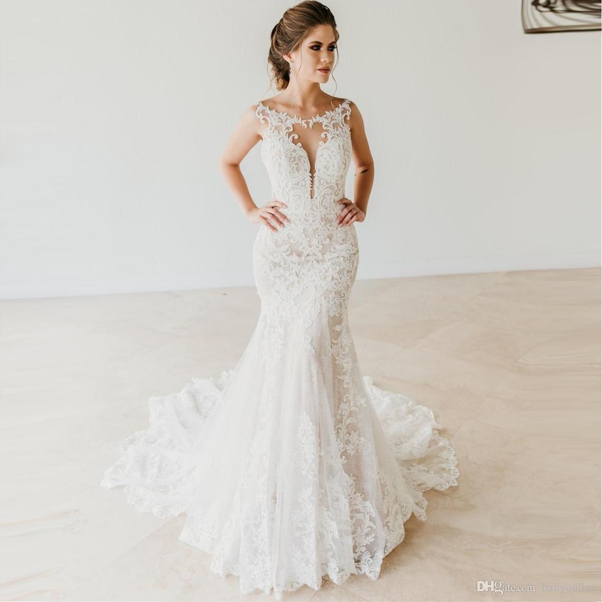 Mermaid White New Scoop Neckline Dresses Vintage Vestido De Novia Sleeveless Lace Wedding Bridal Gowns Plus Size Bride Formal Dress
