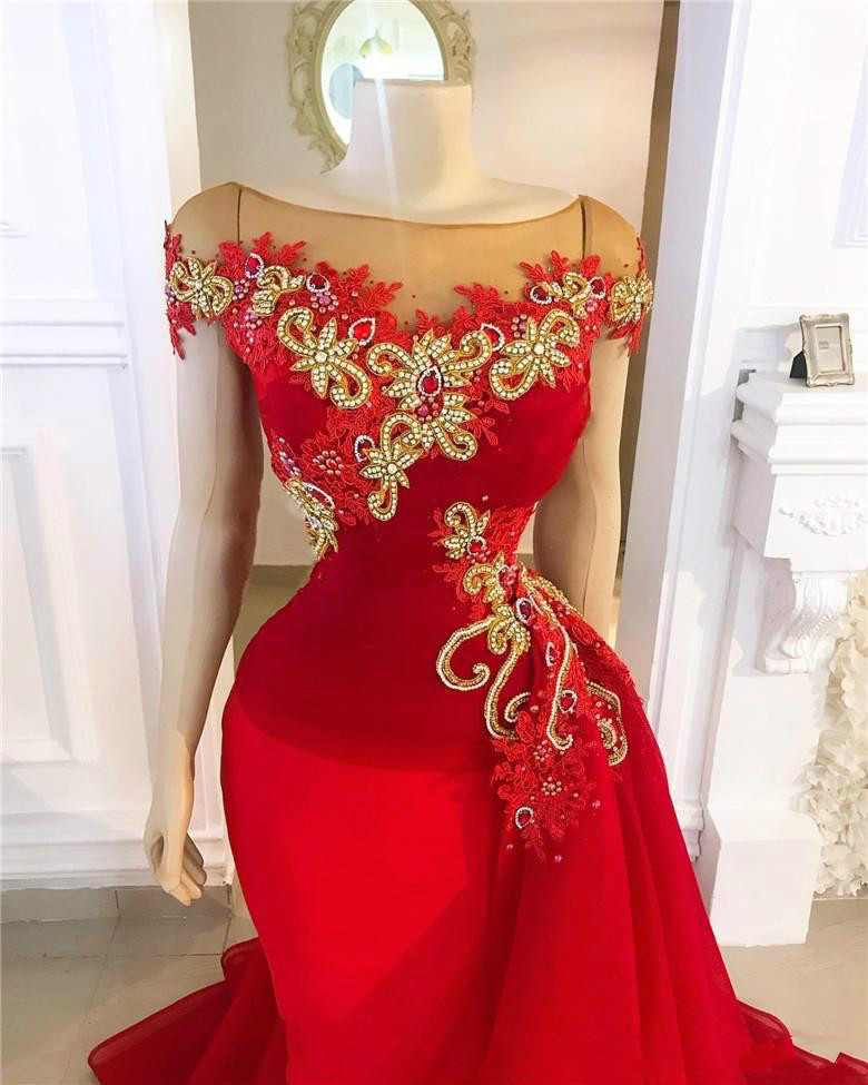 Luxury Beaded Red Mermaid Prom Dresses With Detachable Train Short Sleeves Evening Gowns Saudi Arabic Long Formal Party Dress