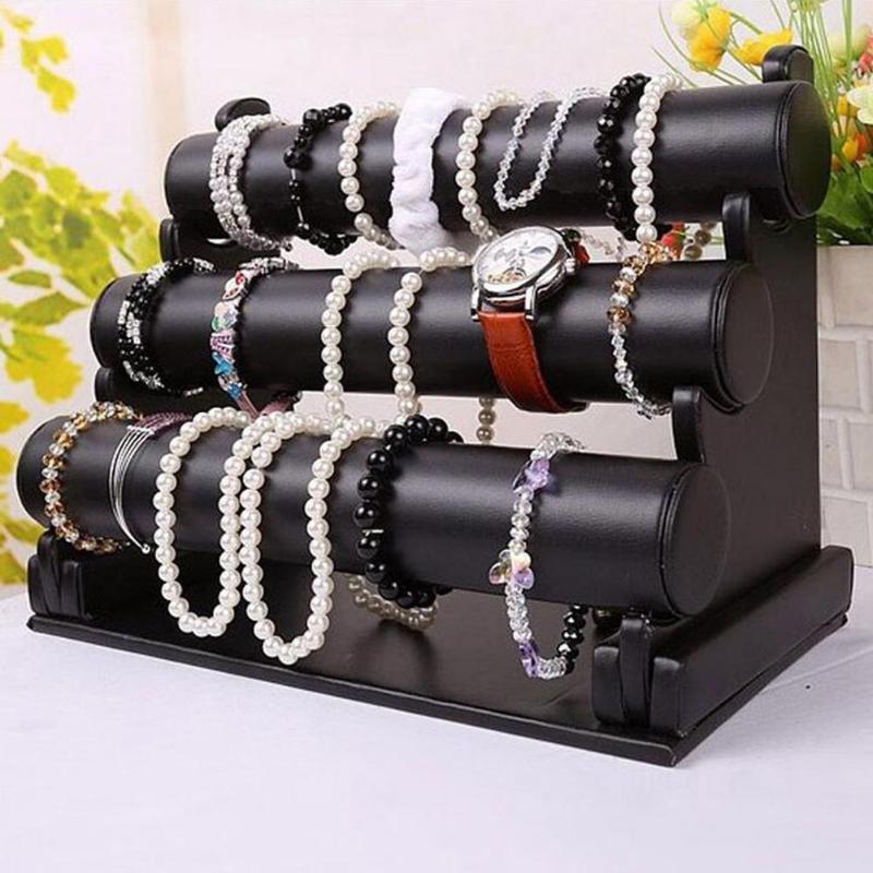 Black Velvet 3-Tier Jewelry Bracelet Watch Bangle Display Holder Stand Showcase T-bar Storage Necklace Bangle Organizer