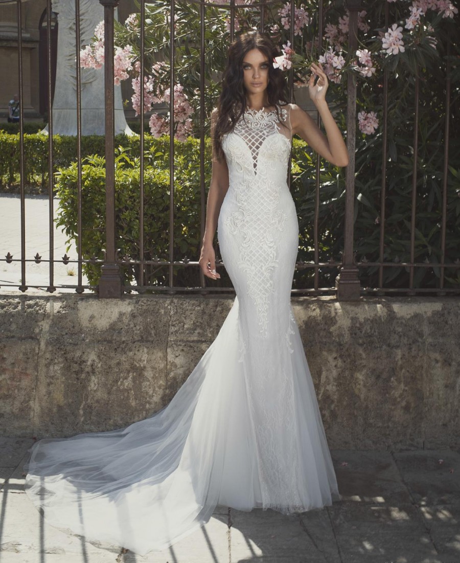 Mermaid Lace Fashion Wedding Dresses Sheer Jewel Neck Appliqued Bridal Gowns Sweep Train Trumpet Tulle Plus Size Robe De Marie