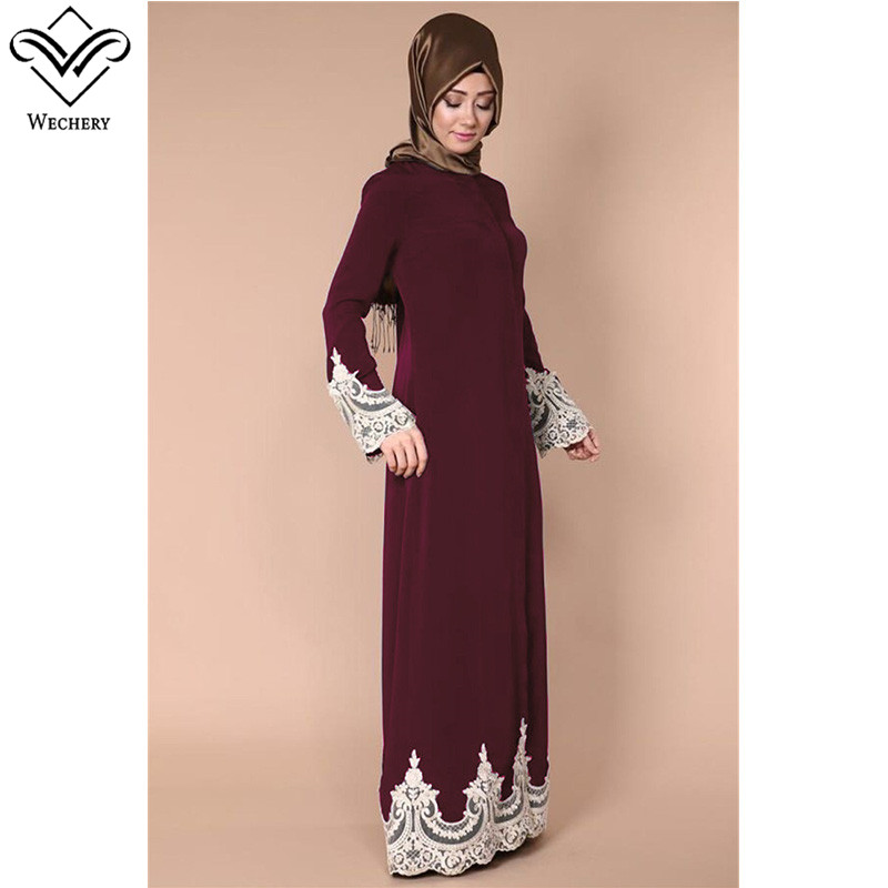 Wholesale-Wechery Lace Muslim Dress Floral Abayas for Women Elegant Long Soft Turkish Islamic Robes Women's Clothing Prayer Garments