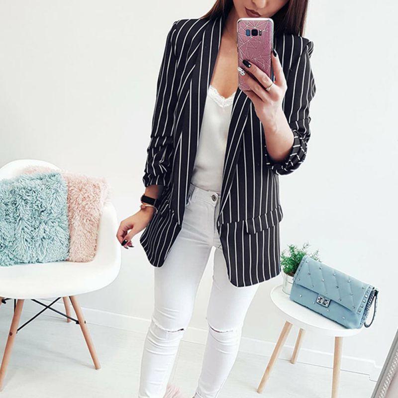 Formal Blazers Striped Office Jacket Spring Slim Fit Women Formal Jackets Office Work Open Front Notched Ladies Blazer Coat