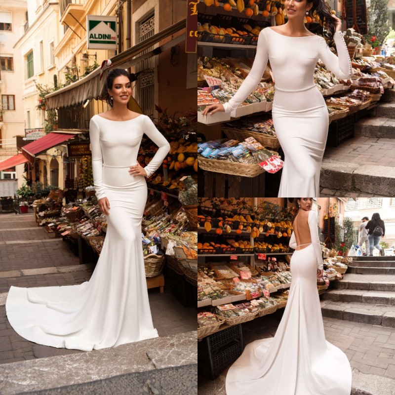Modest Mermaid Wedding Dresses Simple Satin Backless Long Sleeve Vintage Bridal Gowns Pageant Formal Wedding Dress Robe de mariee