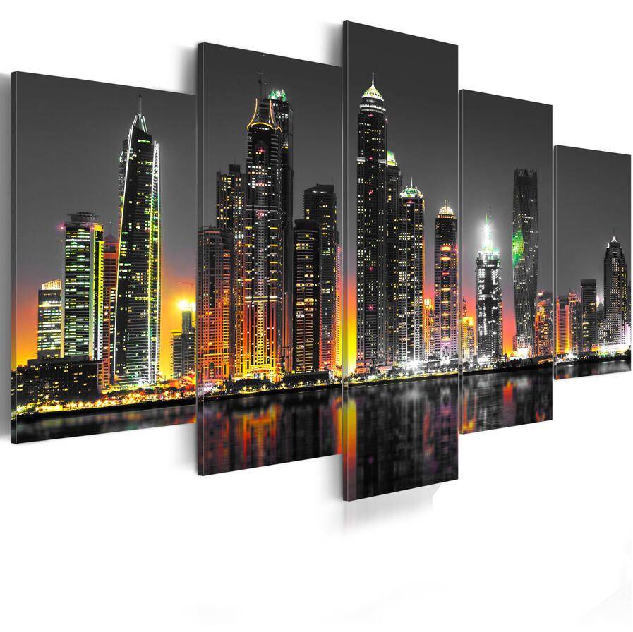 (No Frame)5PCS/Set Building Fashion Wall Art Canvas Painting City Night View Modern Home Decoration,Choose Color:3 And Size:3