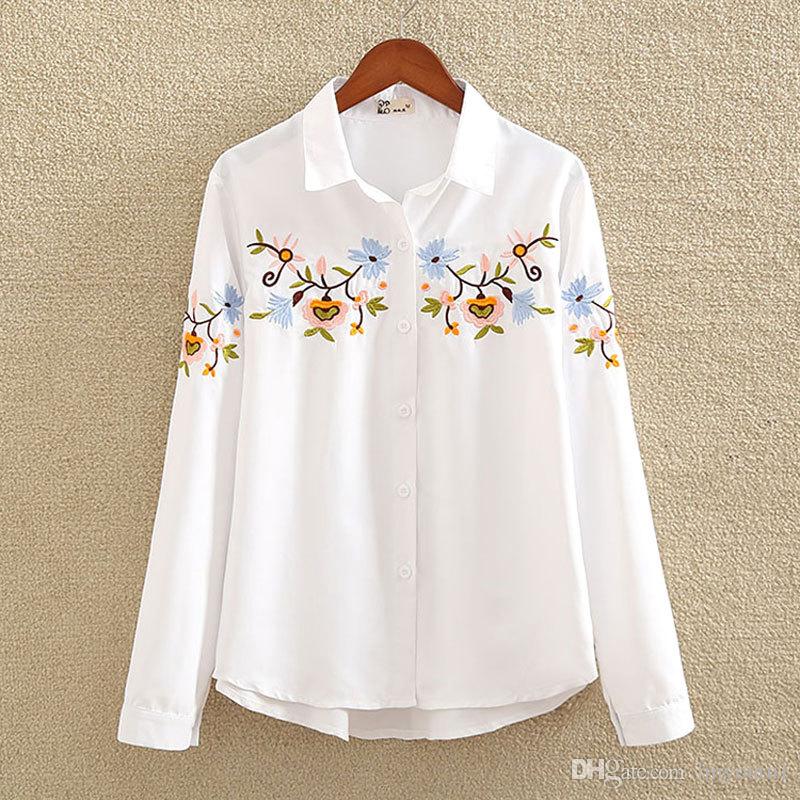 2020 Long Sleeve Floral Women Embroidered Blouse White Elegant Turn-down Collar Office Women Casual Blouse 2019 Spring New Top