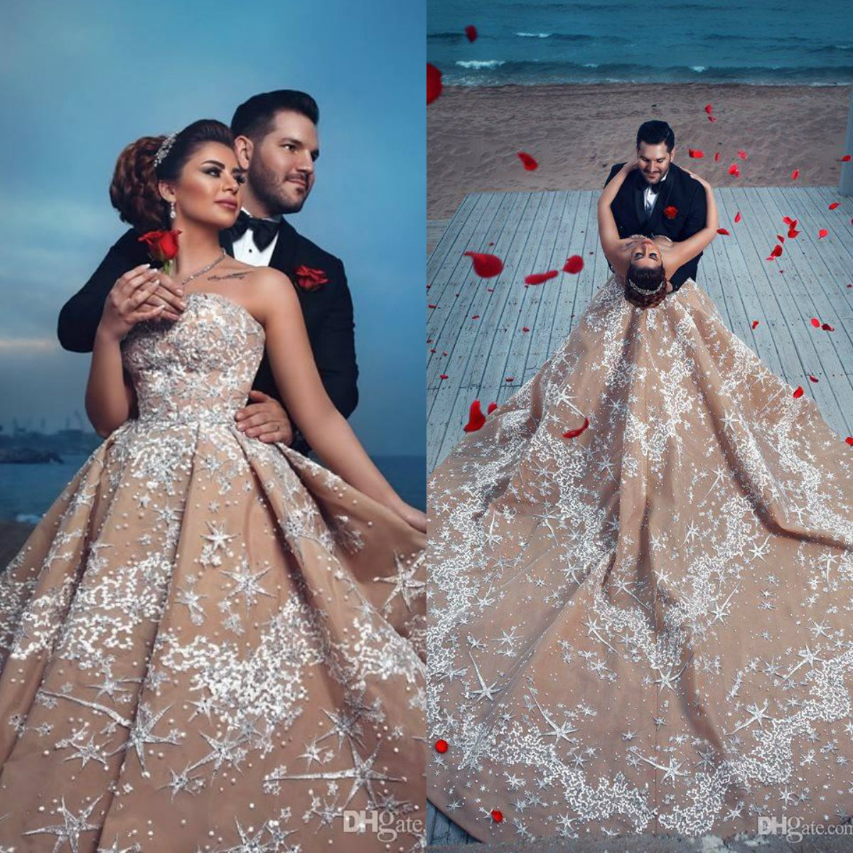 Romantic Champagne Dresses Strapless Backless Lace Bridal Gowns With Cathedral Train Dubai Plus Size Country Wedding Dress Custom 0505