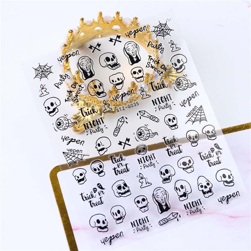 Fashion Halloween Design Self-adhesive Beauty Nail Art Stickers Water Transfer 3D Skull Pumpkin Spider Web Designs Nails Decals