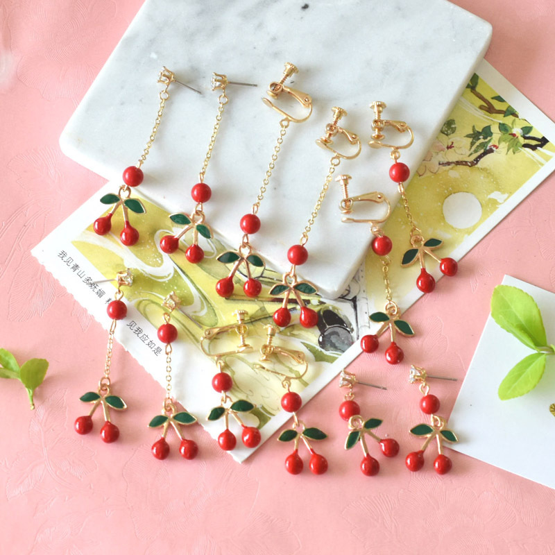 Fashion-Earrings For Women 925 Silver Fruit Ear Studs Long Cherry Earrings Clips Enamel Jewlery Wholesale