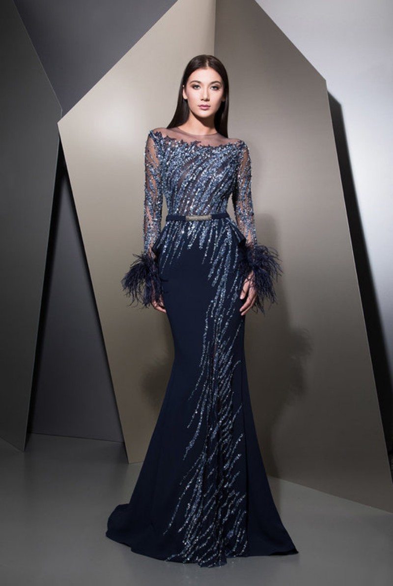 2019 Ziad Nakad Mermaid Prom Dresses Jewel Neck Crystal Formal Evening Gowns With Feathers Long Sleeves Navy Blue Party Dress For Women