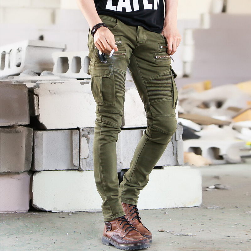 Army Green Black Mens Denim Biker Cargo Jeans Brand Men Stretch Skinny Moto Pencil pants Runway Distressed Motorcycle Jeans