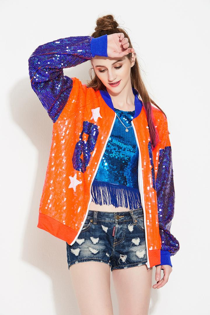 Streetwear Casual Oversized Loose Hip-Hop Logo Sequined Bomber Jacket Clubwear Women Long Sleeve Front Zipper Sequin Coat