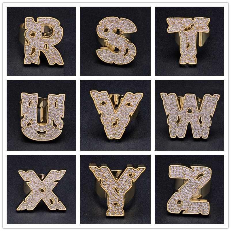 New Fashion Yellow Gold Plated Full CZ A-Z Letters Rings for Men Women Hip Hop Ring Jewelry Gift