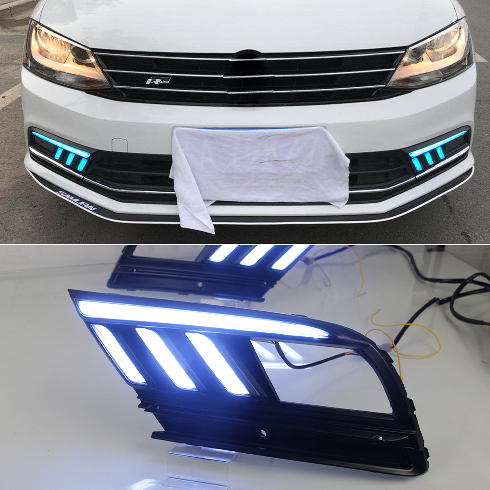 2Pcs LED Daytime Running Lights for Volkswagen Jetta MK7 Sagitar 2016 2017 2018 DRL and Streamer Turn Signal fog lamp