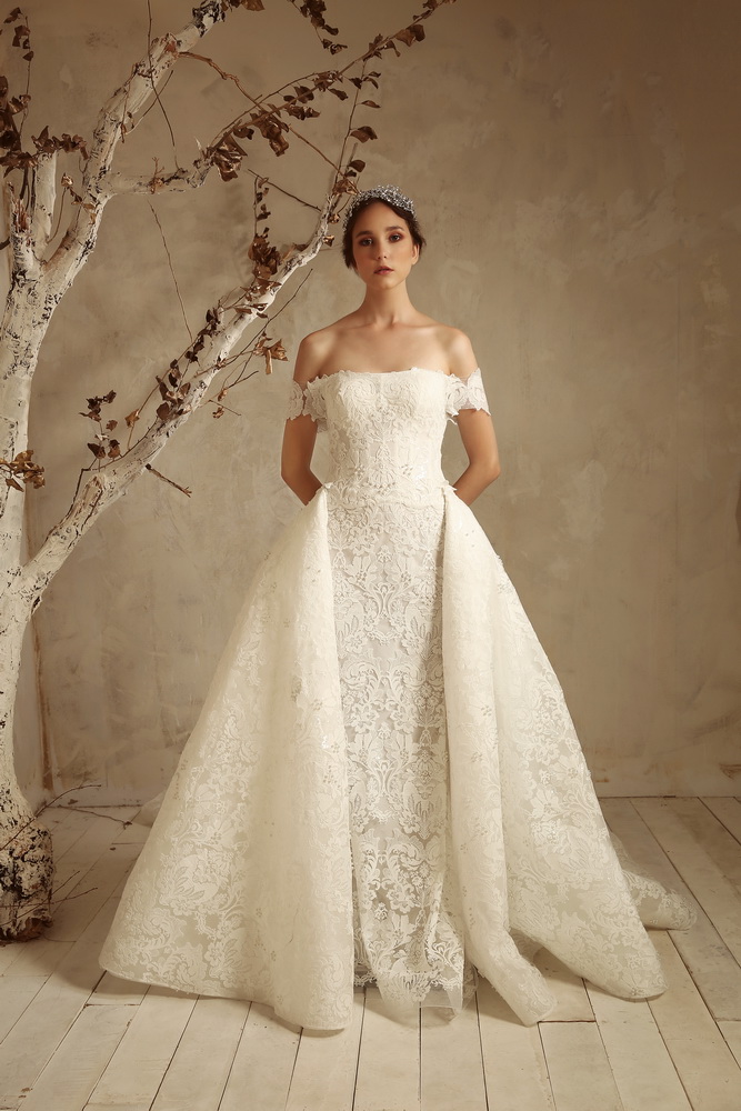 Tony Ward Mermaid Dresses With Detachable Skirt Lace Appliqued Sweep Train Off Shoulder Country Wedding Dress Plus Size Bridal Gowns