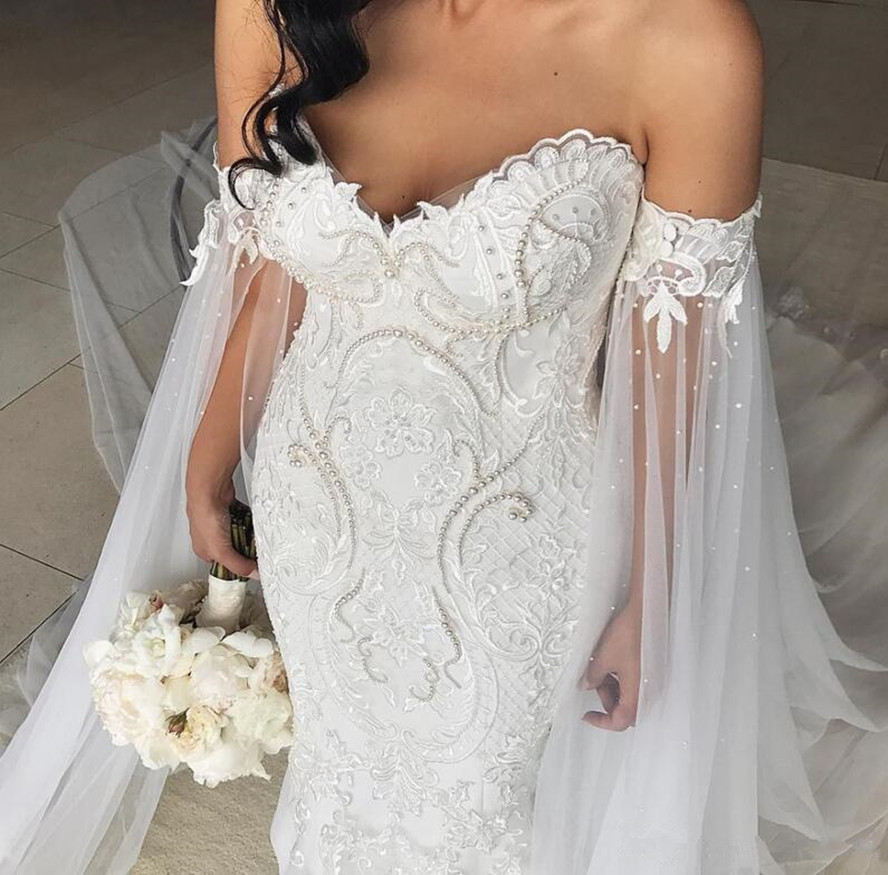 Plus Size 2024 Mermaid Wedding Dresses With Shawl Robe de mariee Applique Beading Pearls Wedding Gowns Court Train Sheath Bridal Dresses 103