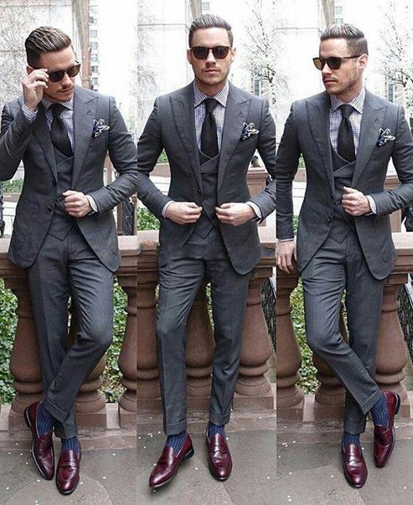 Customize Grey Groom Tuxedos Two Buitton Men Wedding Dress Popular Men Business Prom Collective 3 Piece Suit(Jacket+Pants+Tie+Vest ) 2287