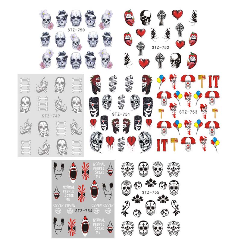 Halloween Self-adhesive Nail Sticker Water Transfer Decals for Manicure Nail Art Horror Cool Skull Ghost Pumpkin Decor