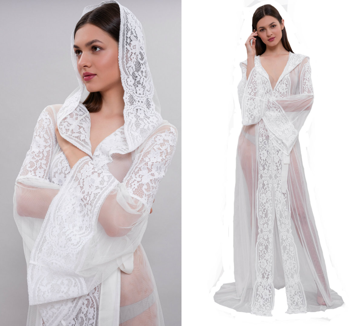 Hot Sell Formal Wedding Robes With Hat Long Sleeves Appliqued Lace See Through Night Gown For Women Ribbon Sweep Train Custom Made Sleepwear