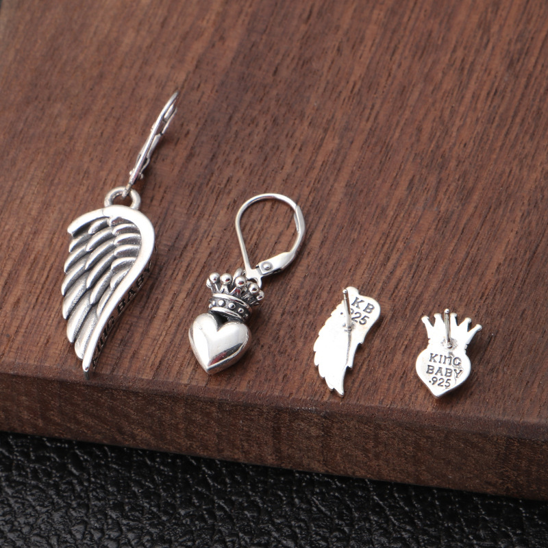 Brand new 925 sterling silver jewelry American antique silver hand-made designer heart crown wings earrings gift for women