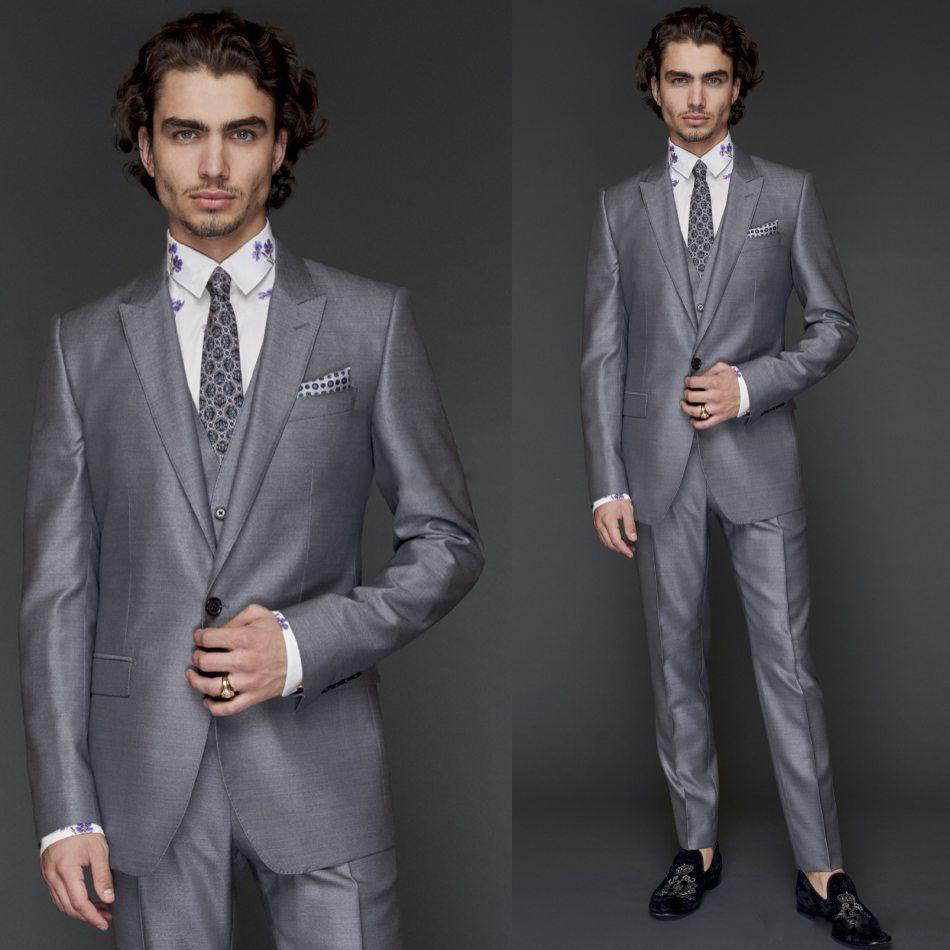 Light Grey Three Pieces (Jacket+Pant+Vest) Formal Business Men's Suits With Peaked Lapel Two Buttons Wedding Bridegroom Tuxedos