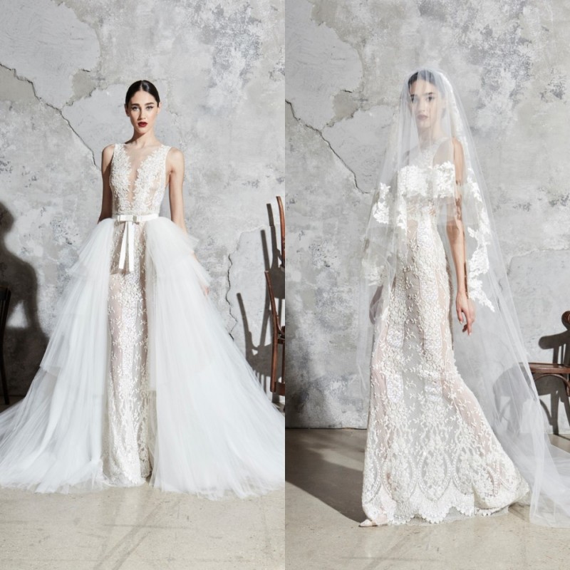 Zuhair Murad A Line Wedding Dresses With Tulle Detachable Train Sheer Deep V Neck Appliqued Bridal Gowns Lace Wedding Dress