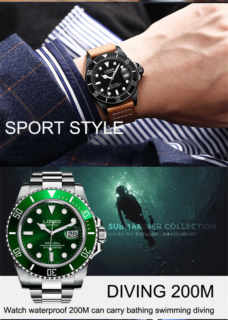 Men Watches LOREO Sport Waterproof 200M Watch Relogio Masculino Men's Clock Automatic Mechanical Military Army clock