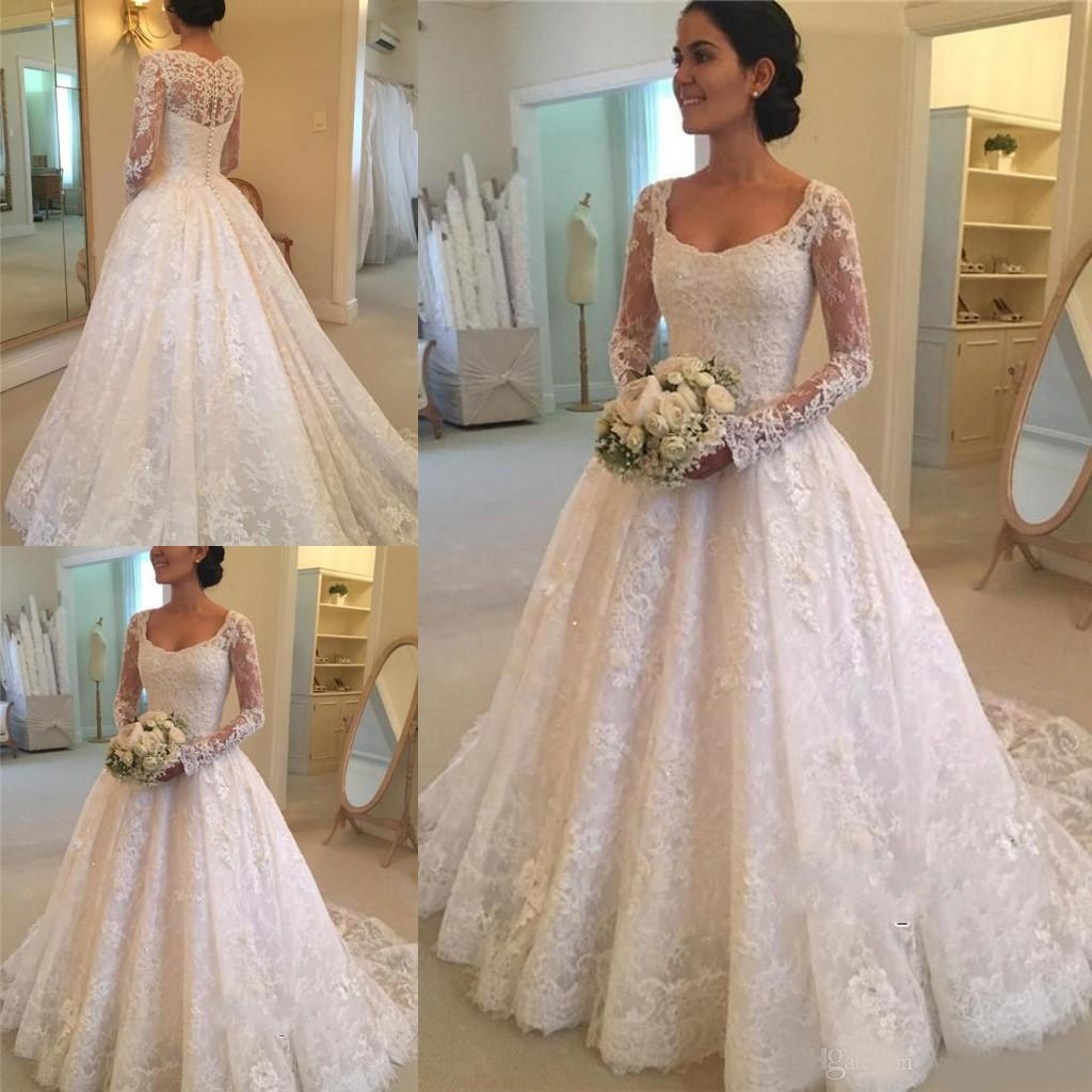 2020 Latest Hot Sale Scoop Neck A-line Long Sleeve Lace Wedding Dresses Button Back Appliques Beaded Bridal Wedding Gowns