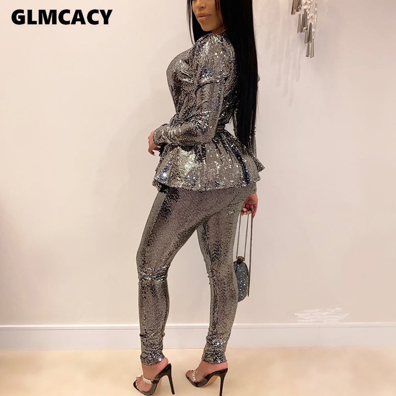 Two Piece Dress Women Plus Size Office Ladies Sequined Autumn 2 Set Top And Pants Elegant Female Casual Business Suits