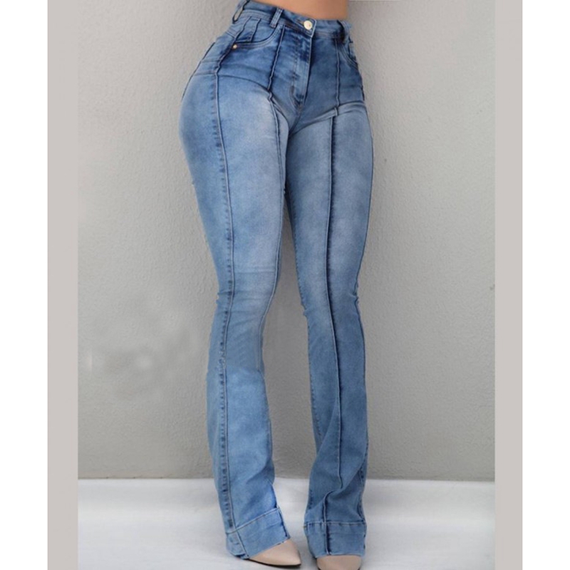 2020 Women's Jeans Casual Slim Stretchy Denim Waist Jeans Oversized Long Flare Pants Light Blue Trousers for Women