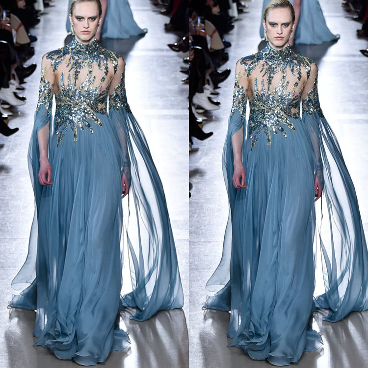 Zuhair Murad Evening Dresses High Neck Illusion Long Sleeve Red Carpet Pageant Gowns Shiny Sequins Appliqued Prom Dress Runway Fashion Dress
