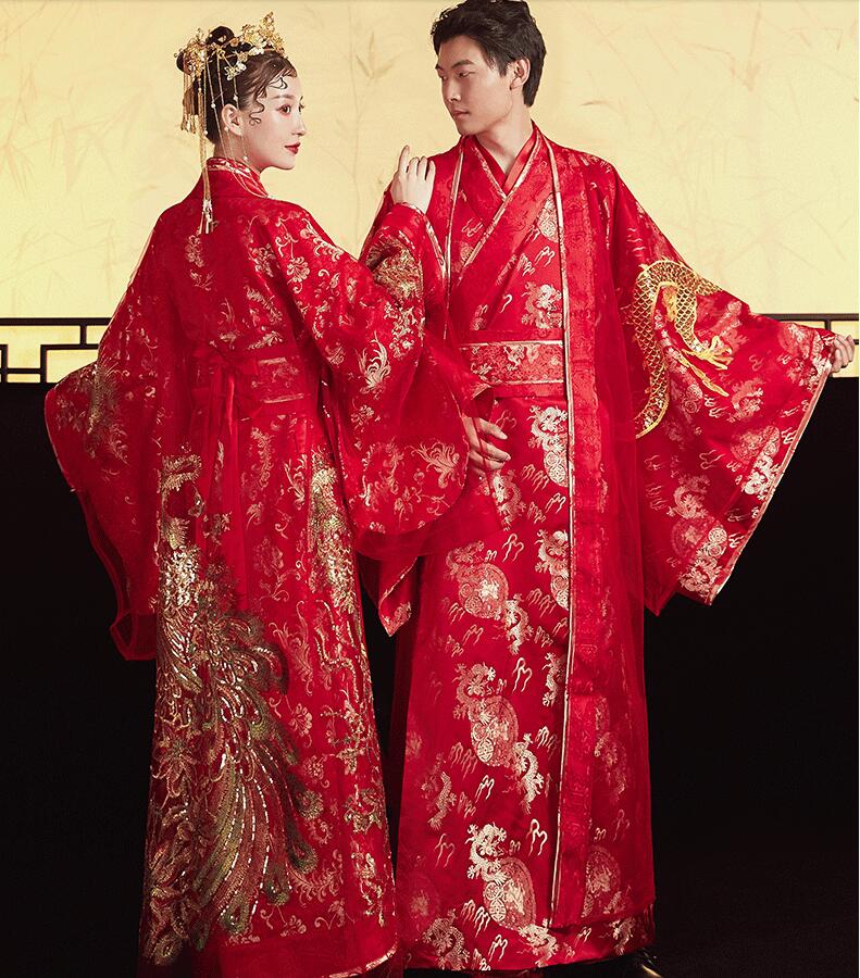 Standard Ancient China Tang Dynasty Chinese style Hanfu Wedding Gown Red Clothing Women Bride Phoenix Dress Men Groom Dragon Robe