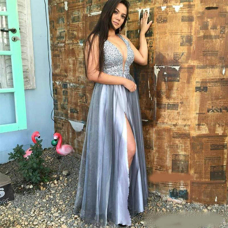 Sliver Cocktail Party Dresses Beading prom dress with slit long formal evening gowns plus size pageant dresses vestidos de fiesta .