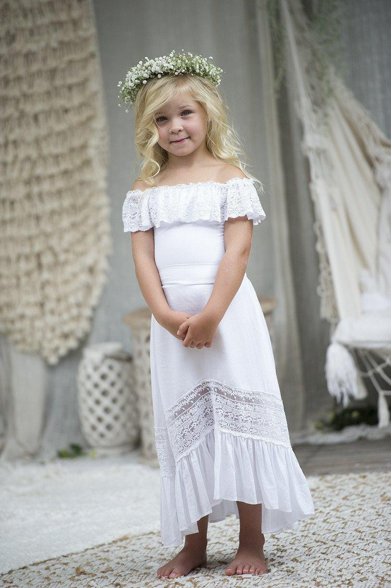 Lovely Bohemian Off the shoulder White Flower Girls Dresses For Wedding with Sleeves Long Lace Backless Beach Boho First Communion Dress New
