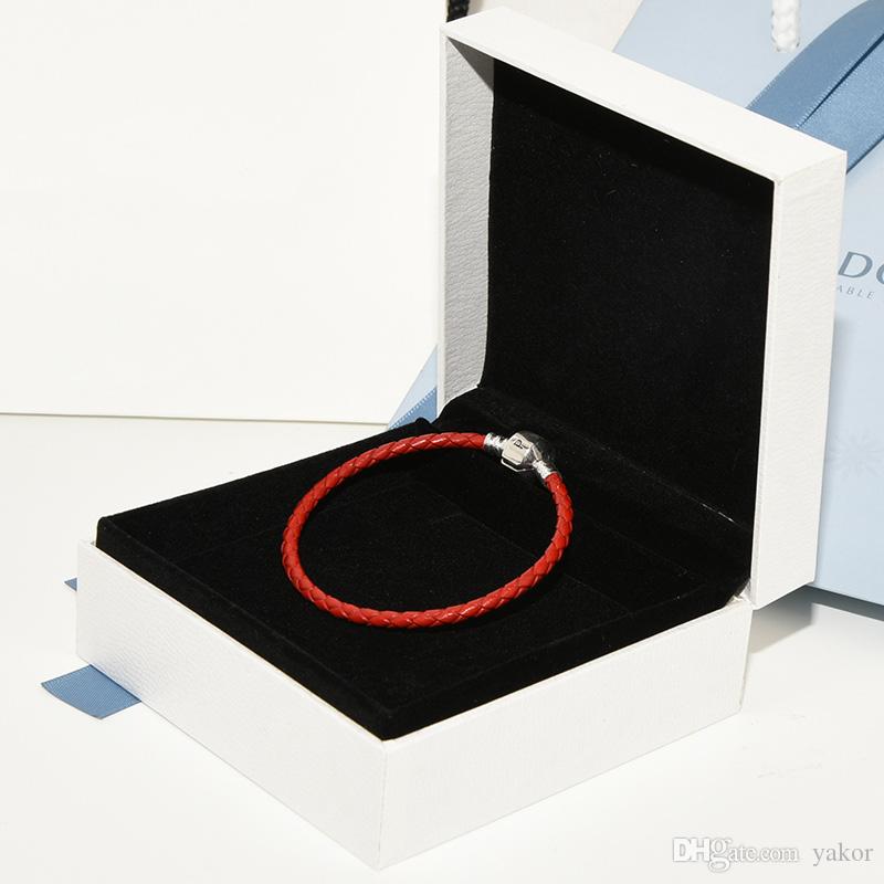 100% Real Red Leather Hand Chain Bracelet Bangle Set Original Box for Pandora 925 Sterling Silver Bracelets for Women Girls